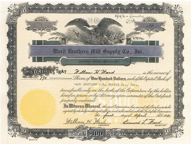 1931 – Ward Brothers Original Stock Certificate