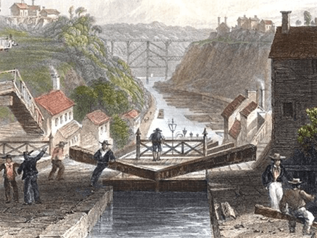 1825 - Erie Canal, Lockport – Painting by WH Bartlett